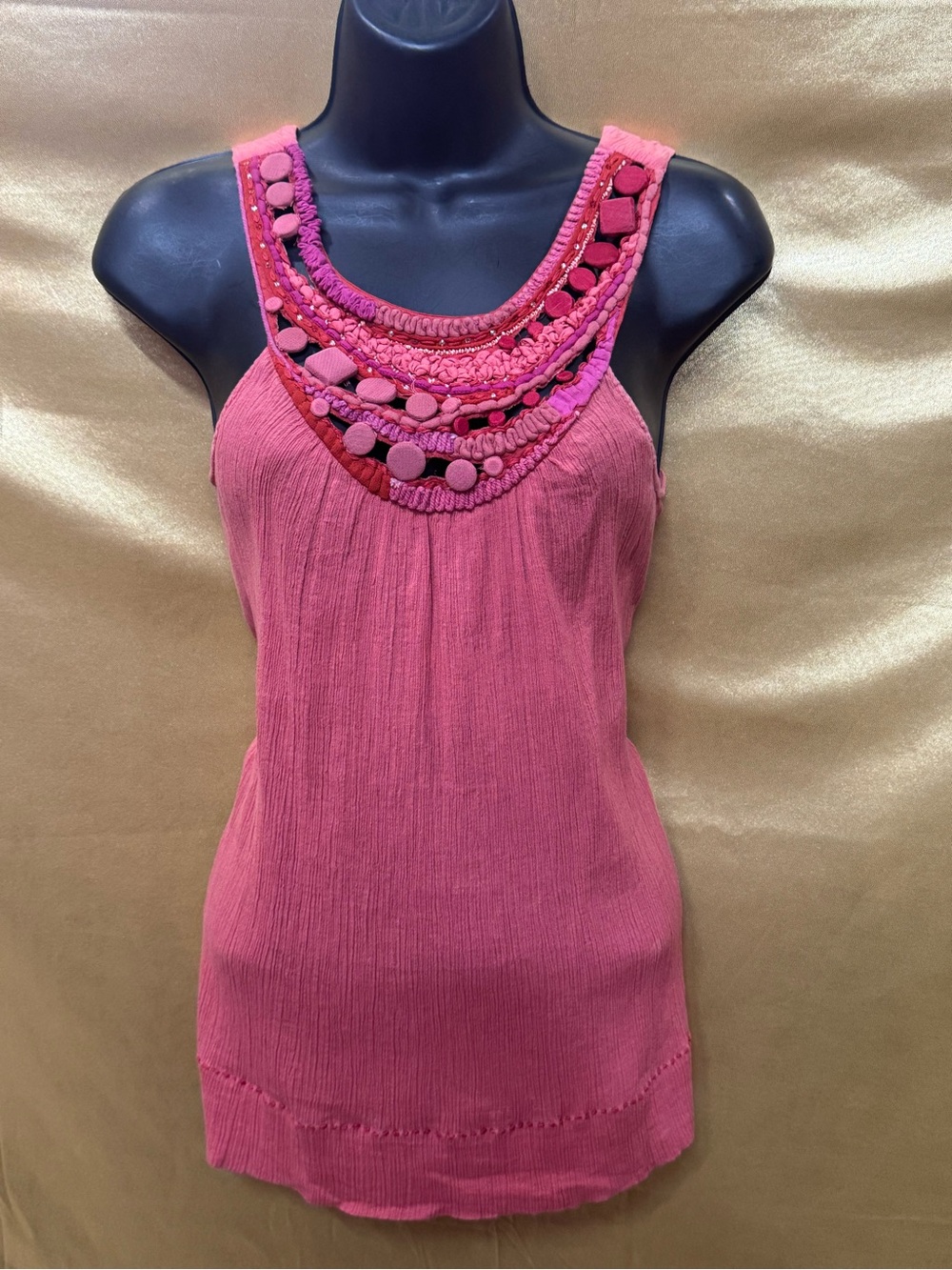 Saivana Pink Gauze Tank Top Boho Beaded Embellished Neckline Size XS 100% Cotton